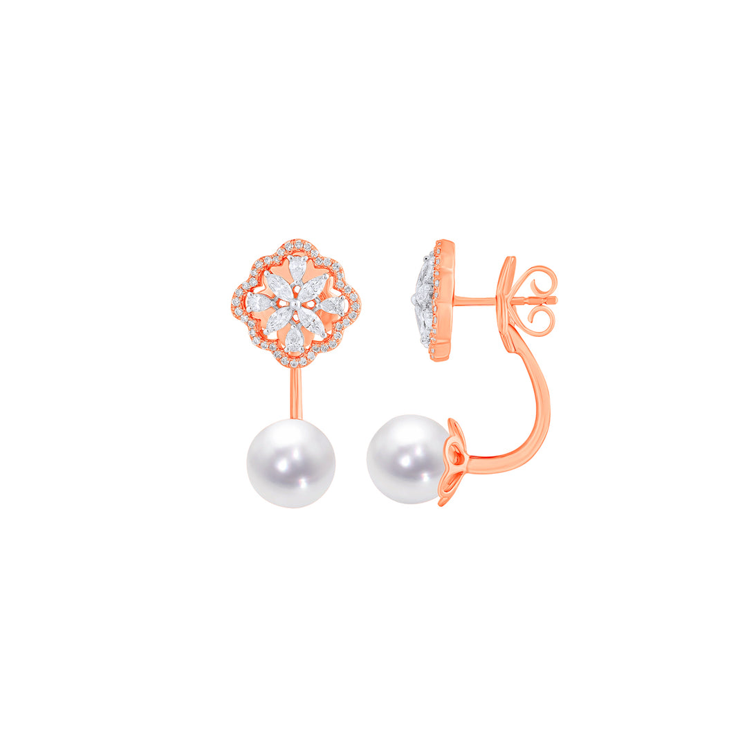 1.00Ct VVS/FG Diamond Earrings With Pearl in 18K Rose Gold