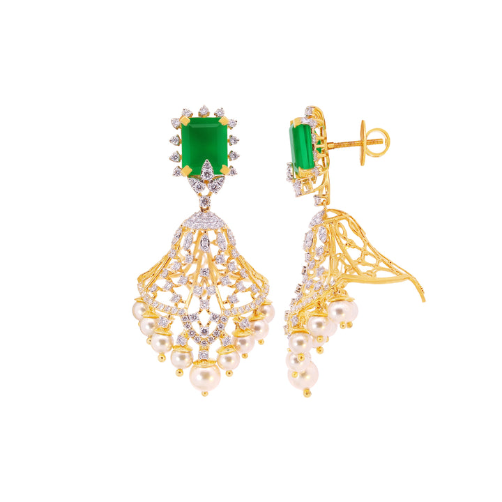 2.04Ct VVS/FG Diamond Jhumkha With Emerald & Pearl in 18K Gold
