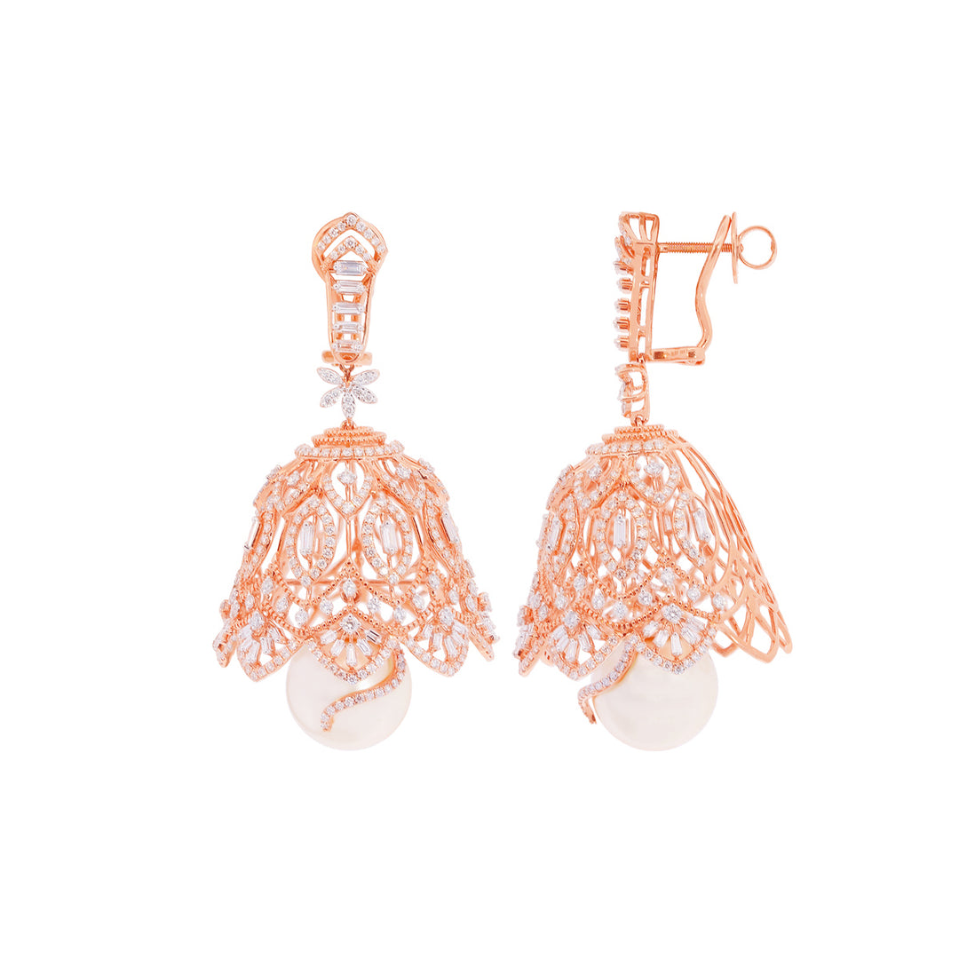 3.97Ct VVS/FG Diamond Jhumkha With Pearl in 18K Rose Gold