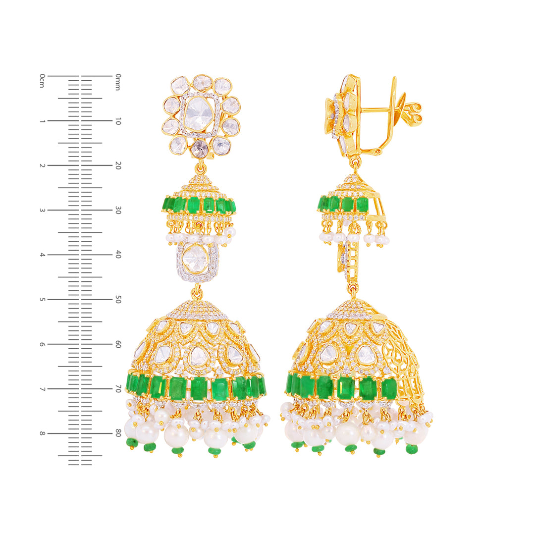 8.82CTW White & Rose Cut Diamond Jhumkha With Emerald & Gemstones in 14K Gold