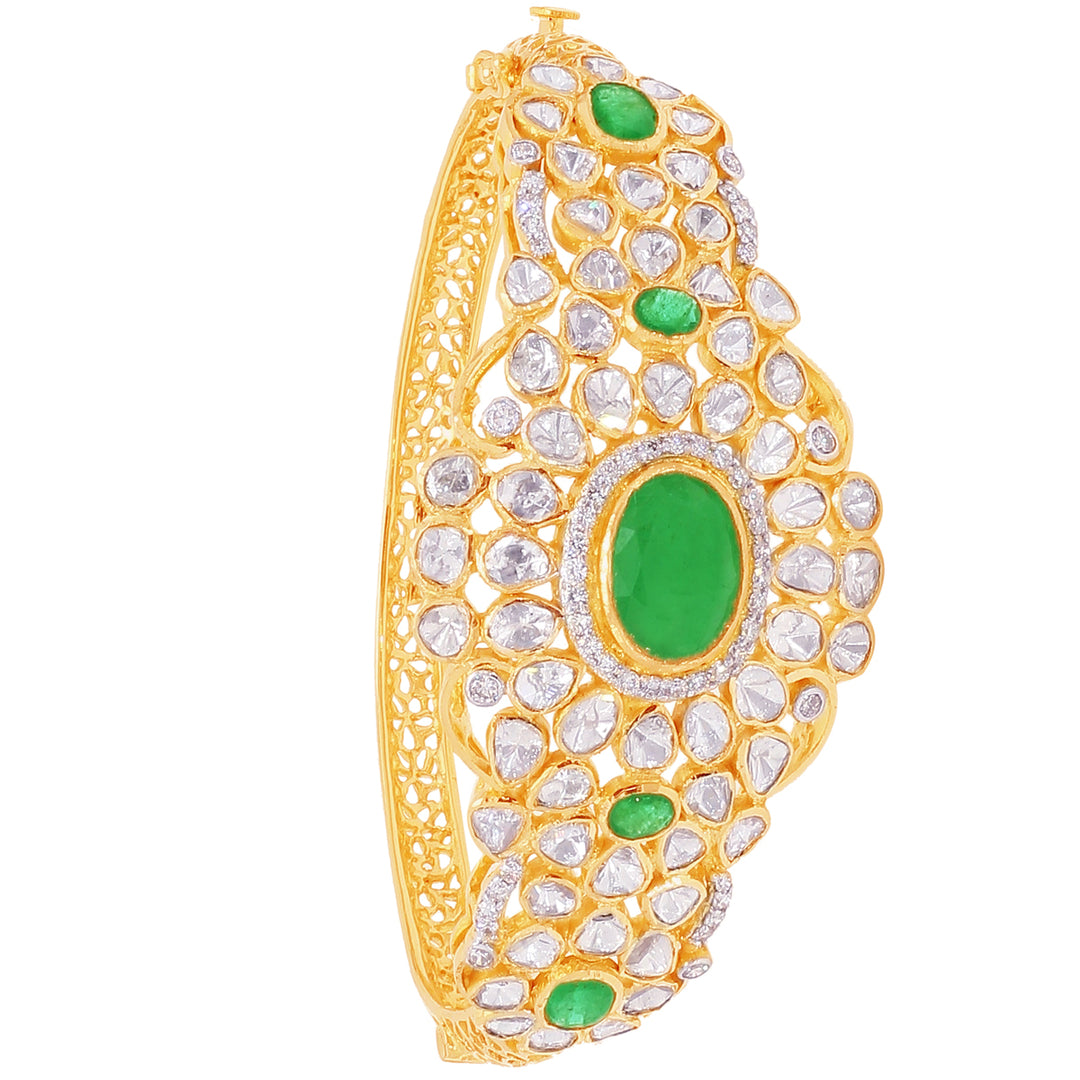 3.90CTW Rose Cut Diamond Bangle Bracelet With Emerald in 18K Gold