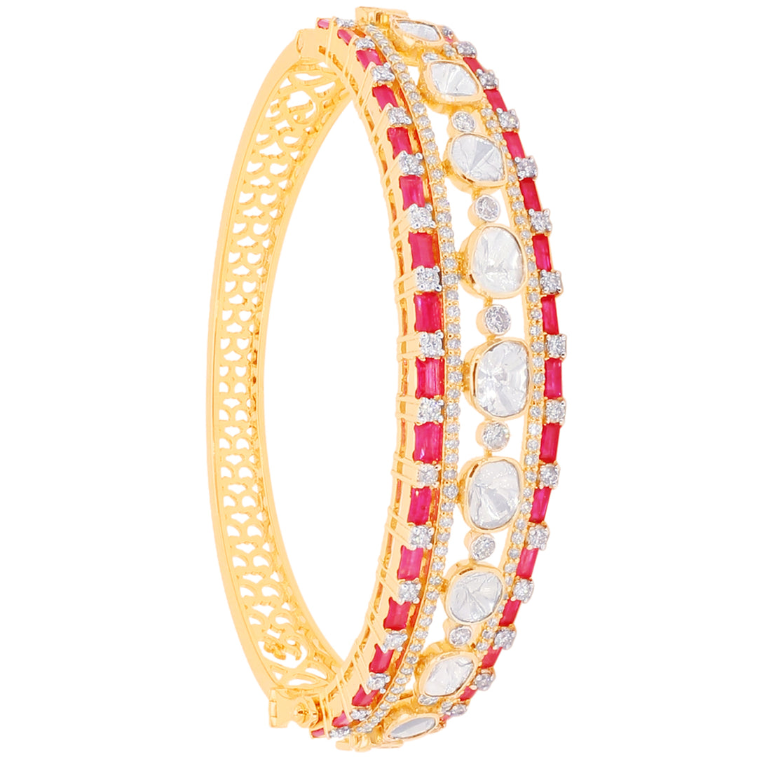 3.89CTW Rose Cut Diamond Bangle Bracelet With Ruby in 14K Gold