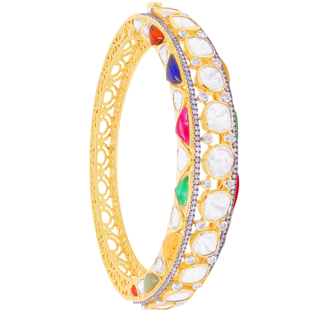 5.26CTW Rose Cut Diamond Bangle Bracelet With Navratan in 14K Gold