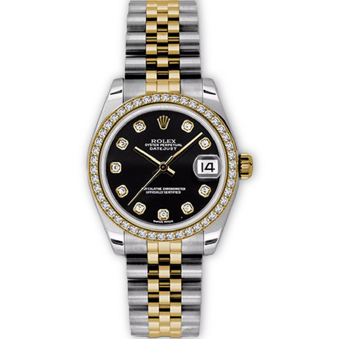 Datejust 31 Custom Black Diamond Dial with Diamond Bezel & Jubilee Bracelet in 18K Gold & Stainless Steel