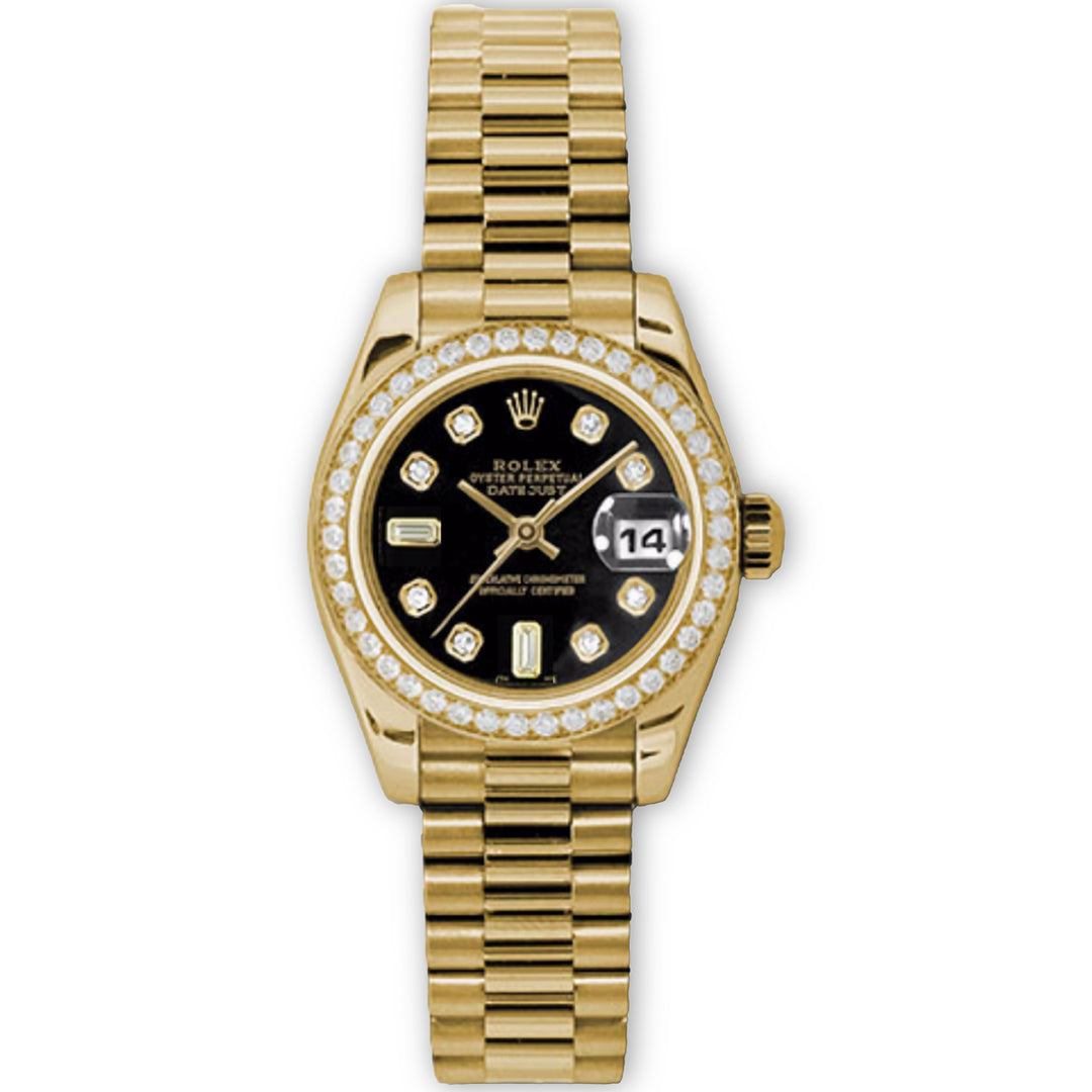 Datejust 26 President Black Tapestry Diamond Dial 8 Rounds + 2 Baguettes Dial with Diamond Bezel & Presidential Bracelet in 18K Gold