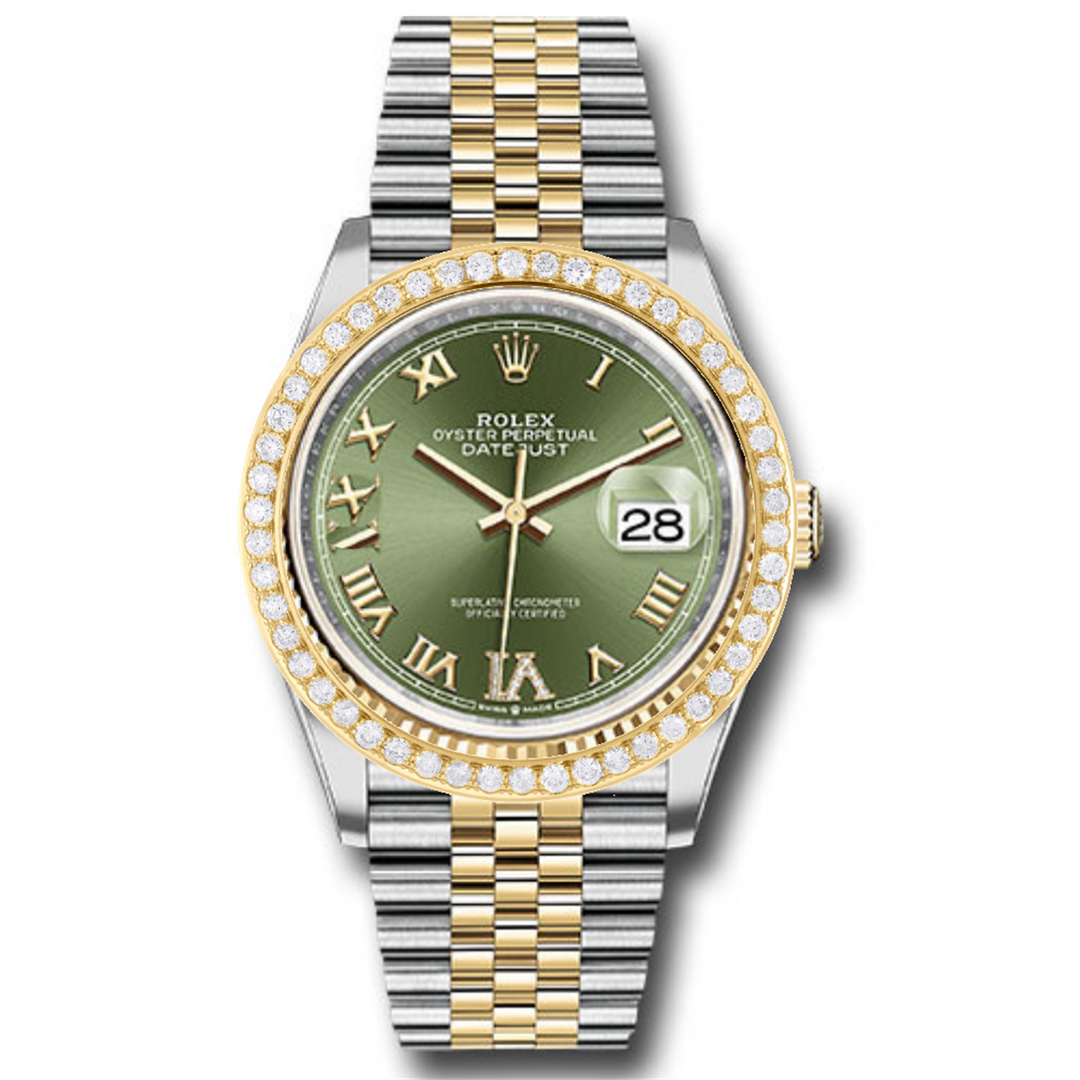 Datejust 36 Custom Olive Green Roman Diamond Dial with Custom 1.20CT VVS/FG Diamond Bezel 18-Karat Gold and Stainless Steel Jubilee Bracelet