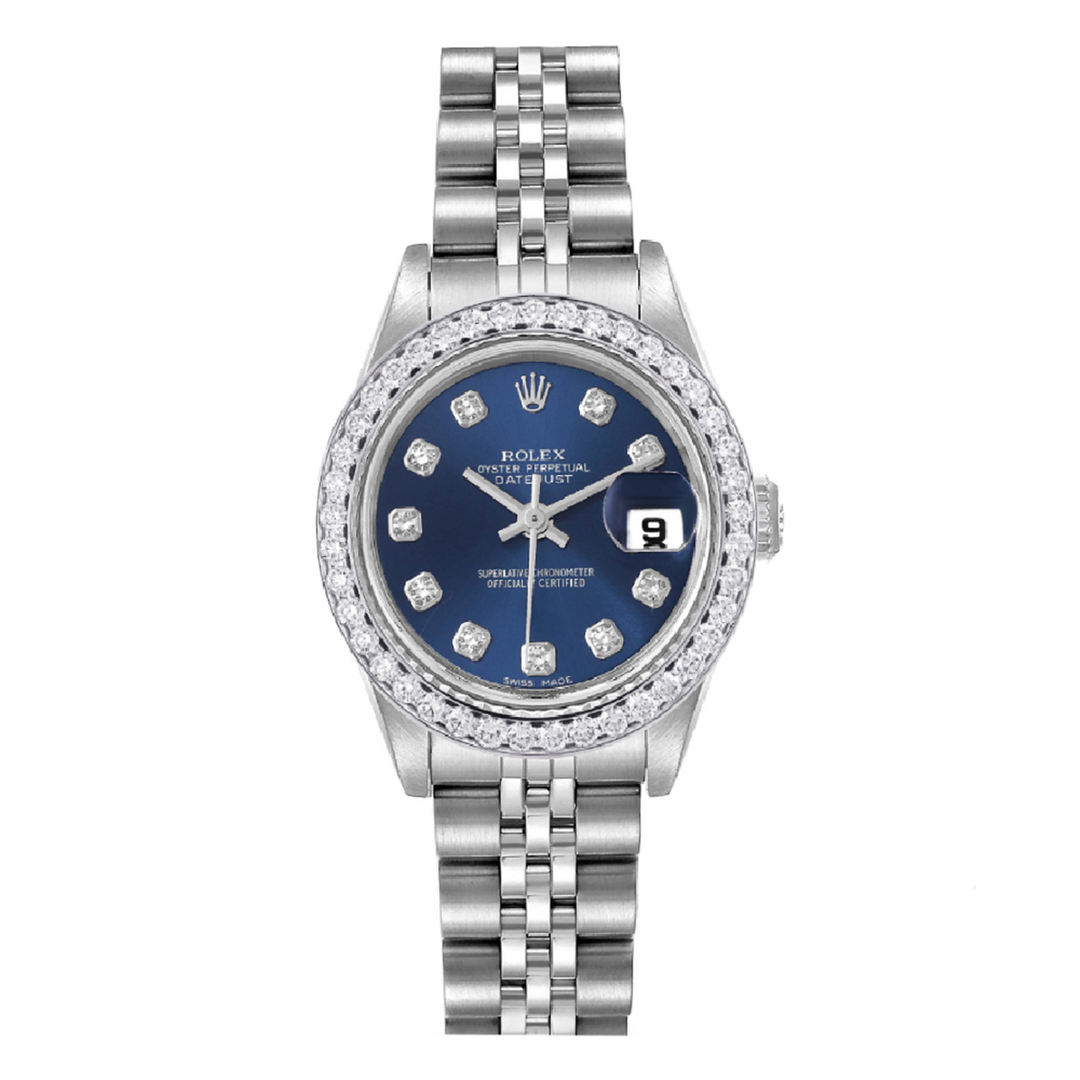 Datejust 26 Blue Diamond Dial and Custom Diamond Bezel Stainless Steel Jubilee Bracelet