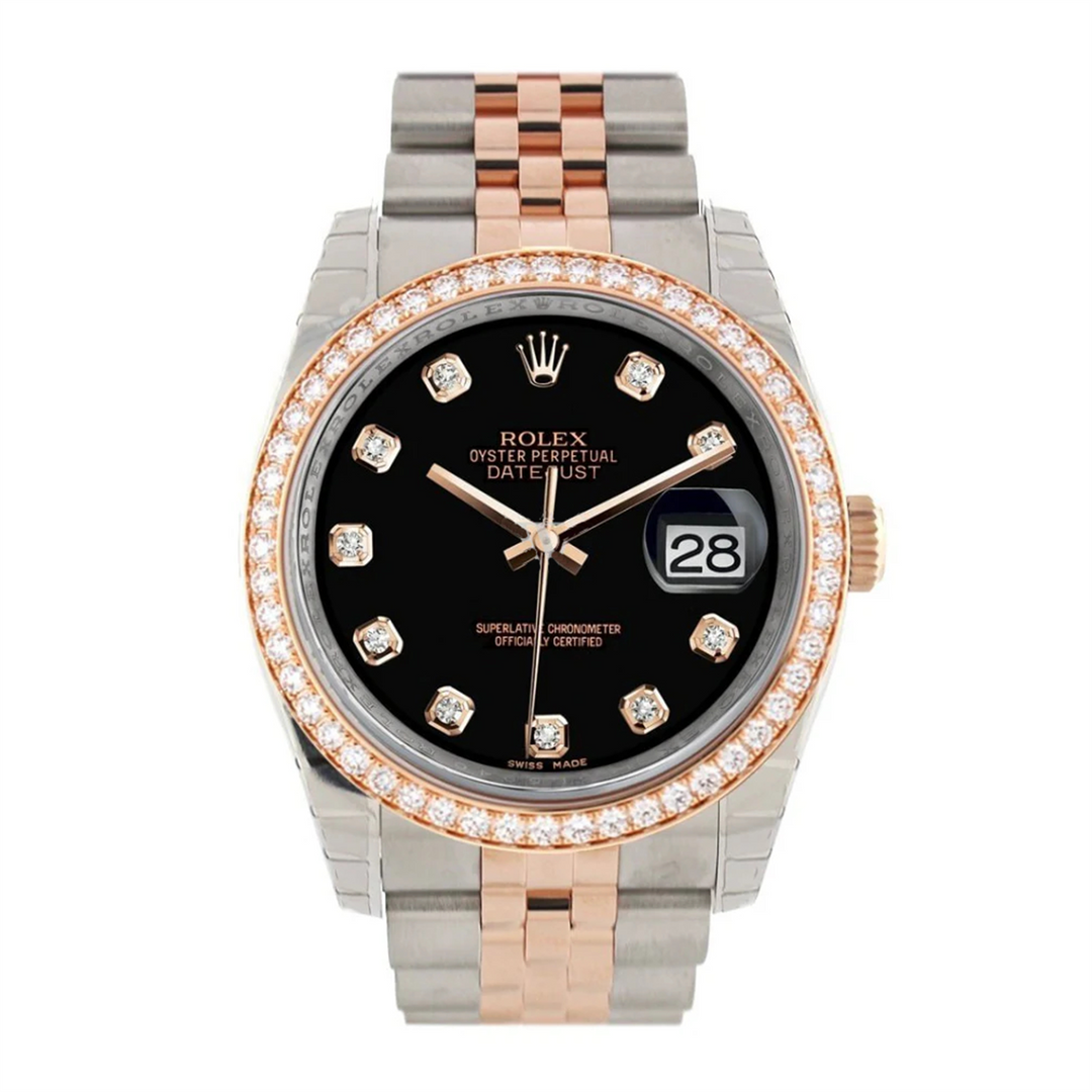 Datejust 36 Black Dial with Custom 1.20CT VVS/FG Diamond Bezel,  18-Karat Rose Gold and  Stainless Steel Jubilee Bracelet