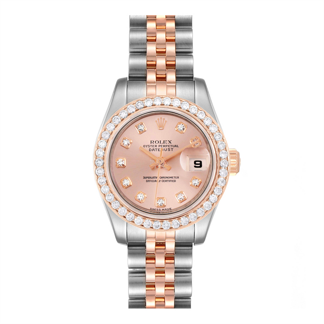 Datejust 26 Pink Diamond Dial with Custom 1.00CT VVS/FG Diamond Bezel in 18-Karat Rose Gold and Stainless Steel Jubilee Bracelet