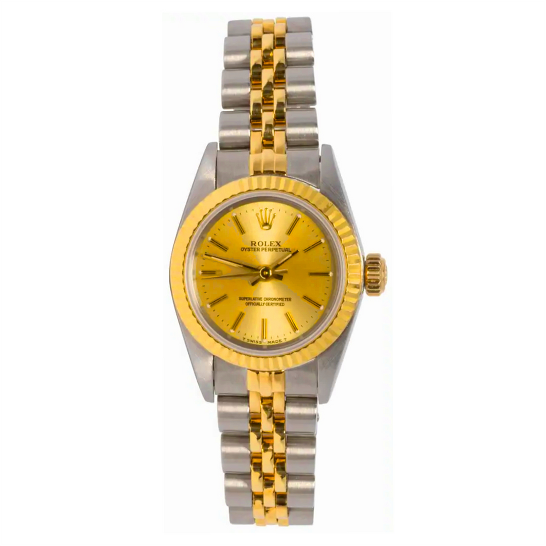 Oyster Perpetual 25 Tropical Champagne Dial with Engine Turn Bezel Jubilee Bracelet in 18-Karat Gold and  Stainless Steel