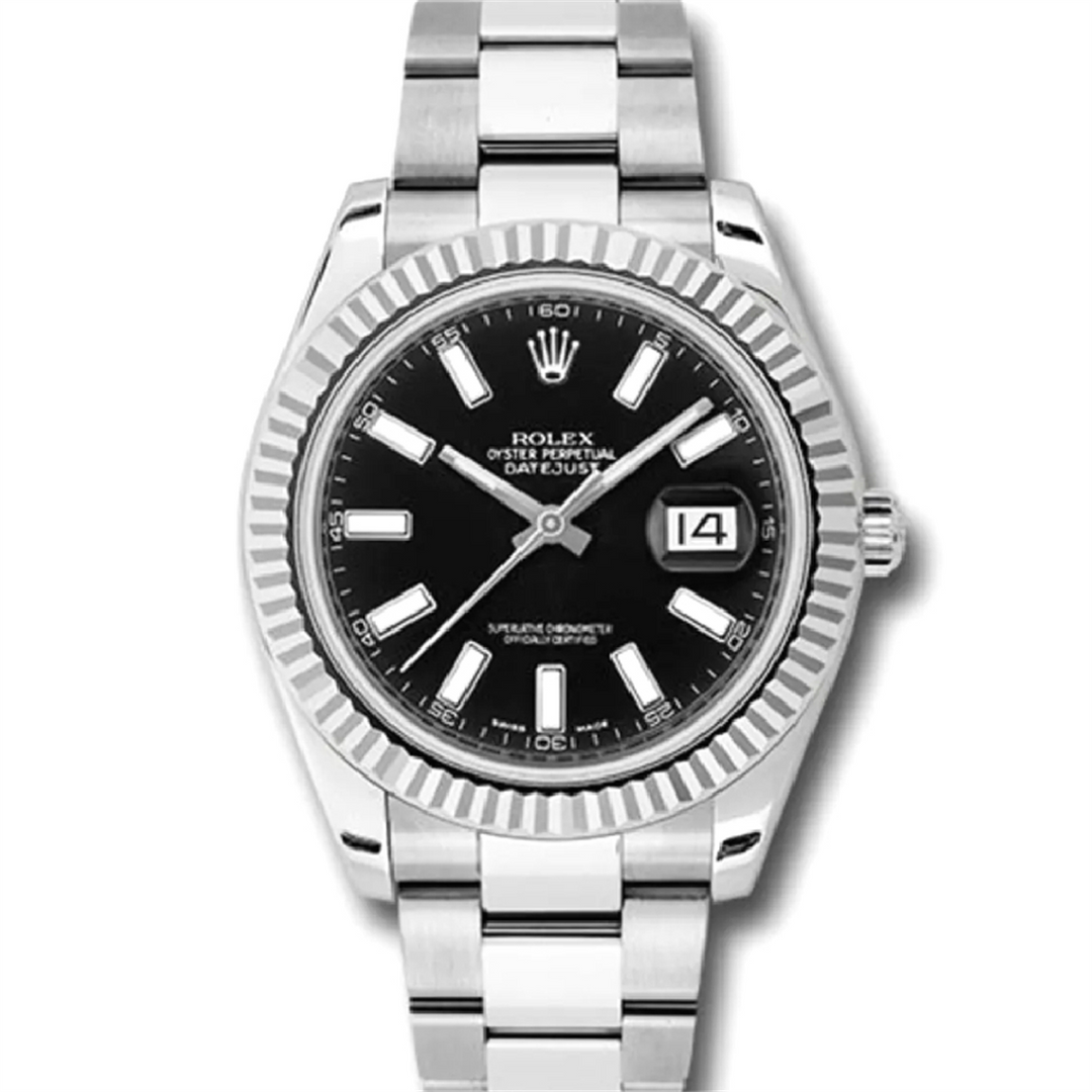 Datejust 41 Black Stick Dial 18-Karat White Gold Fluted Bezel Oyster Bracelet in Stainless Steel