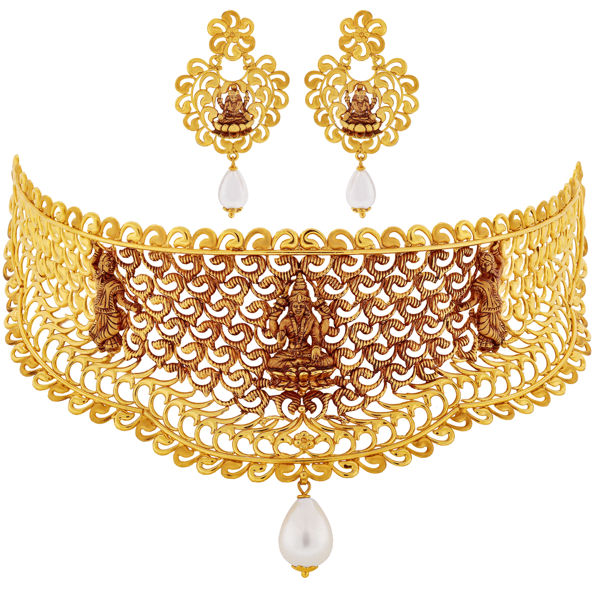 Malani Jewelers Graceful Antique Laxmi Choker Set With Pearl In 22k Gold