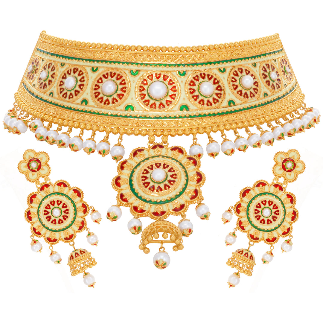 Endearing Minakari Choker Set With Pearl in 22K Gold