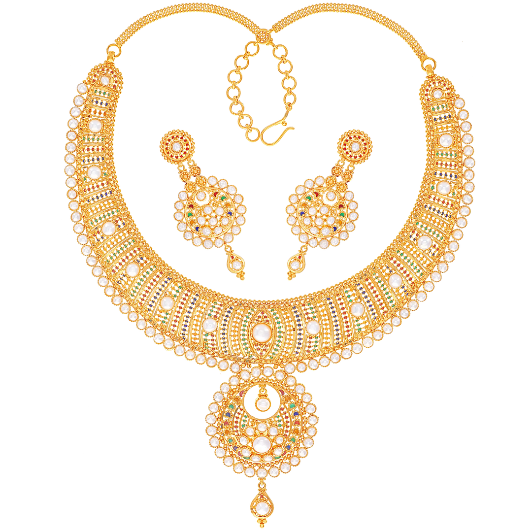 Captivating Minakari Necklace Set With Pearl in 22K Gold