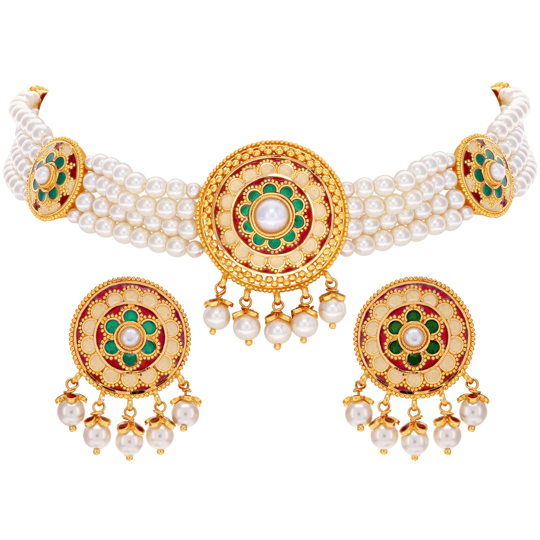 Exquisite Minakari Choker Set With Pearl in 22K Gold