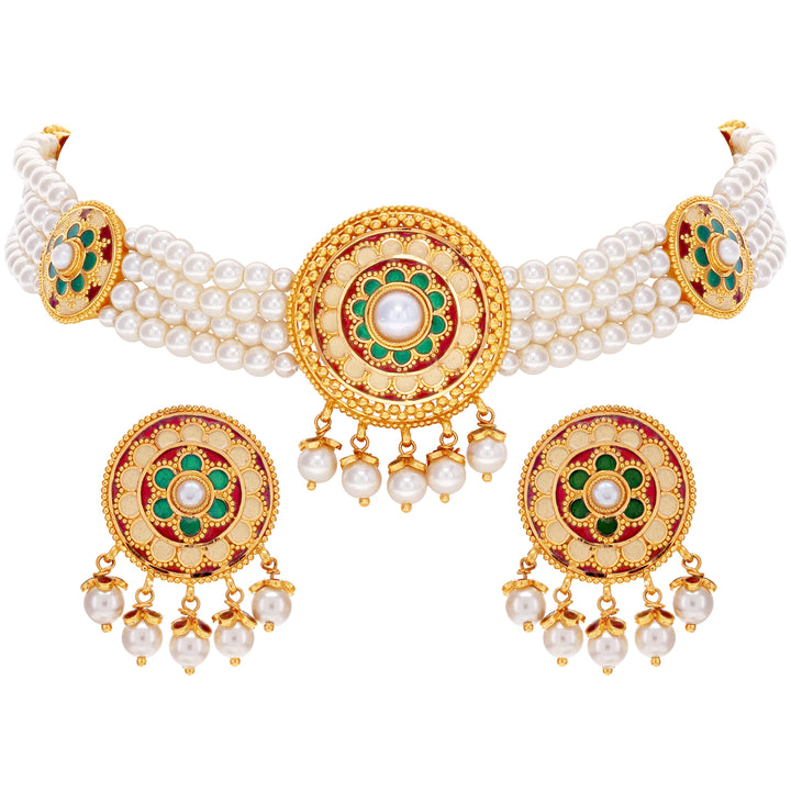 Exquisite Minakari Choker Set With Pearl in 22K Gold
