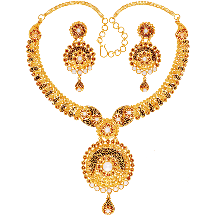 Necklace Set With Minakari & Pearls in 22K Gold