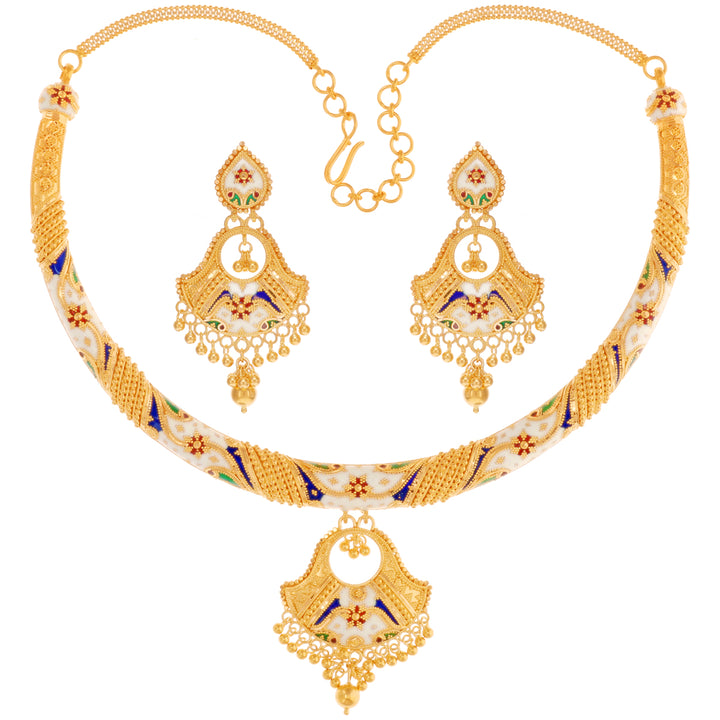 Beautiful Minakari Hansli Necklace Set in 22K Gold