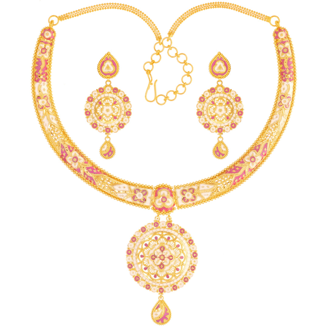Beautiful Minakari Hansli Necklace Set in 22K Gold