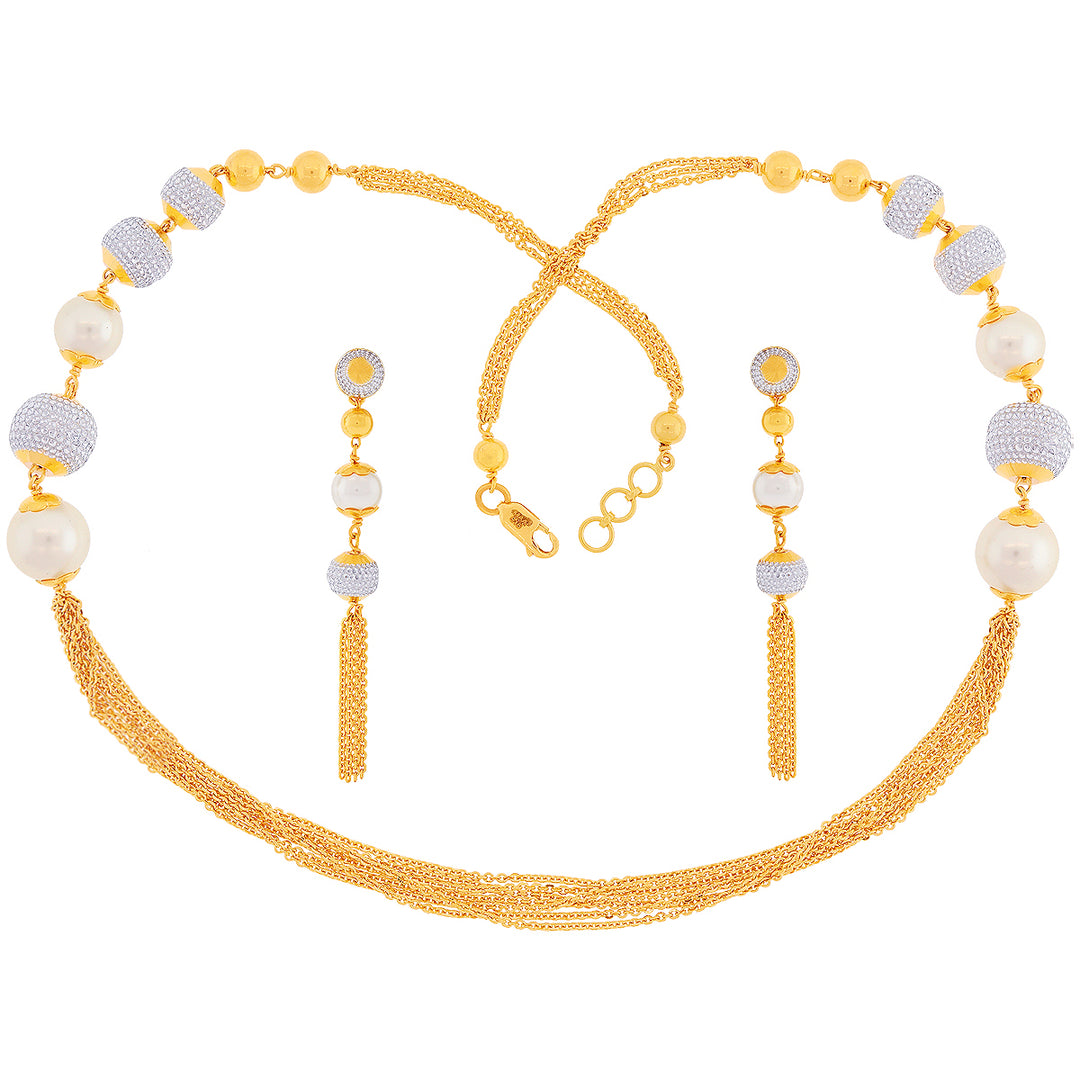 Precious Two tone Ball Necklace Set With Gemstones in 22K Gold
