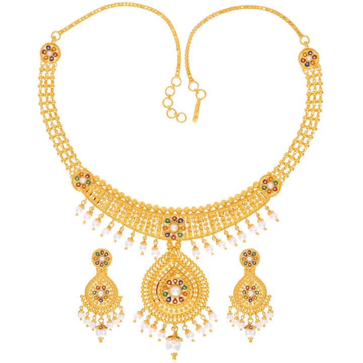 Ravishing Minakari Necklace Set With Pearl in 22K Gold