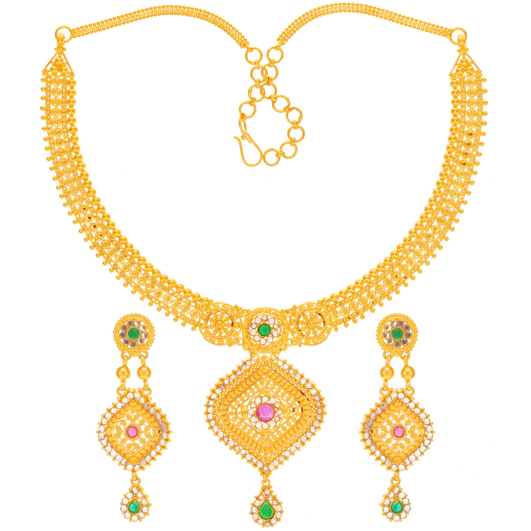 Charming Necklace Set With Ruby Emerald & Polki in 22K Gold