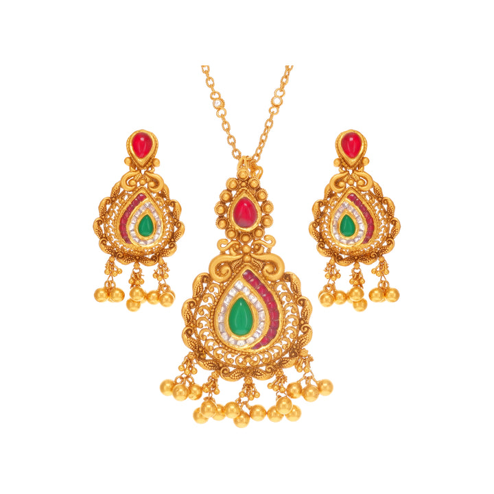 Hand-crafted Antique Necklace Set With Kundan Emerald & Ruby in 22K Gold
