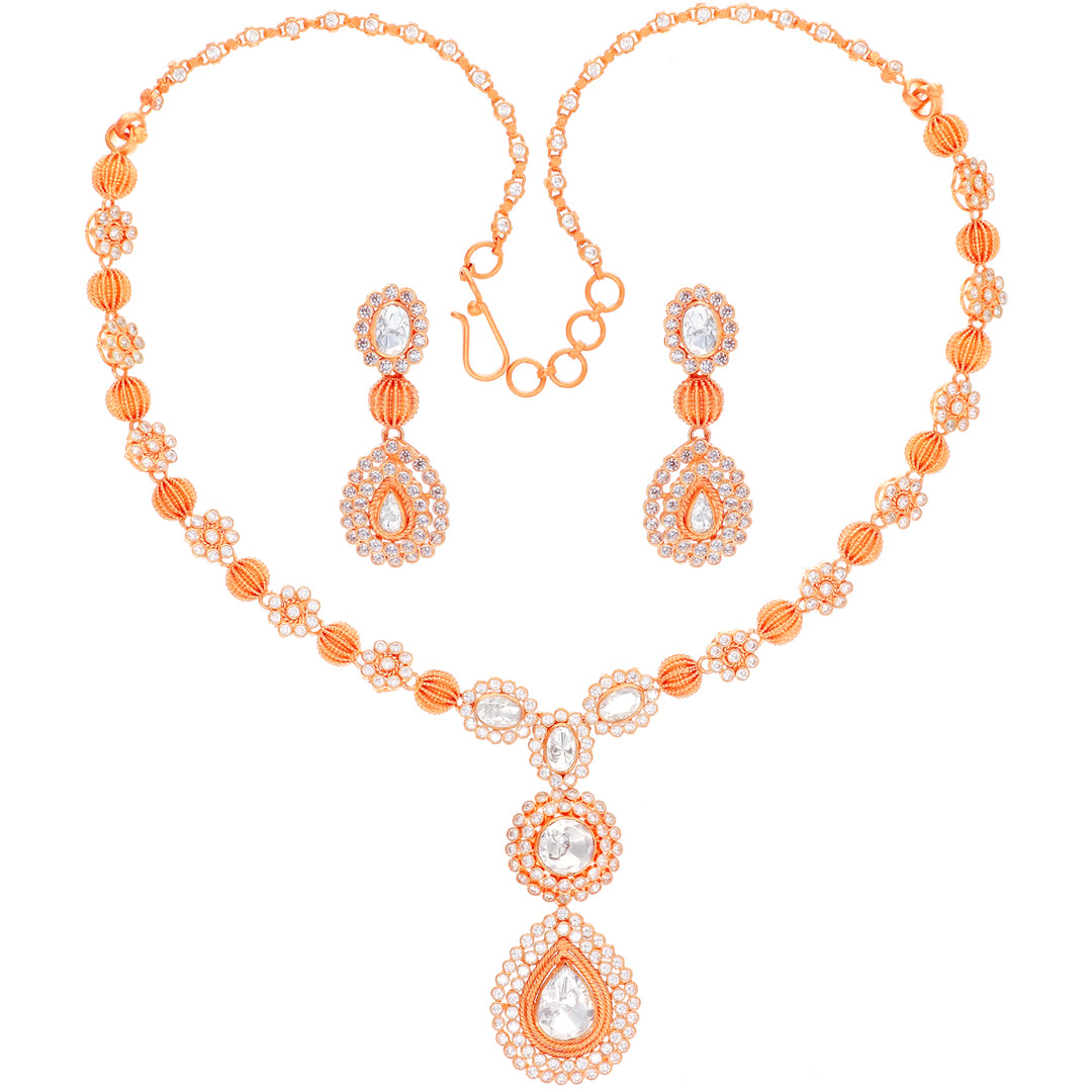 Antique Necklace Set With White Polki in 22K Rose Gold