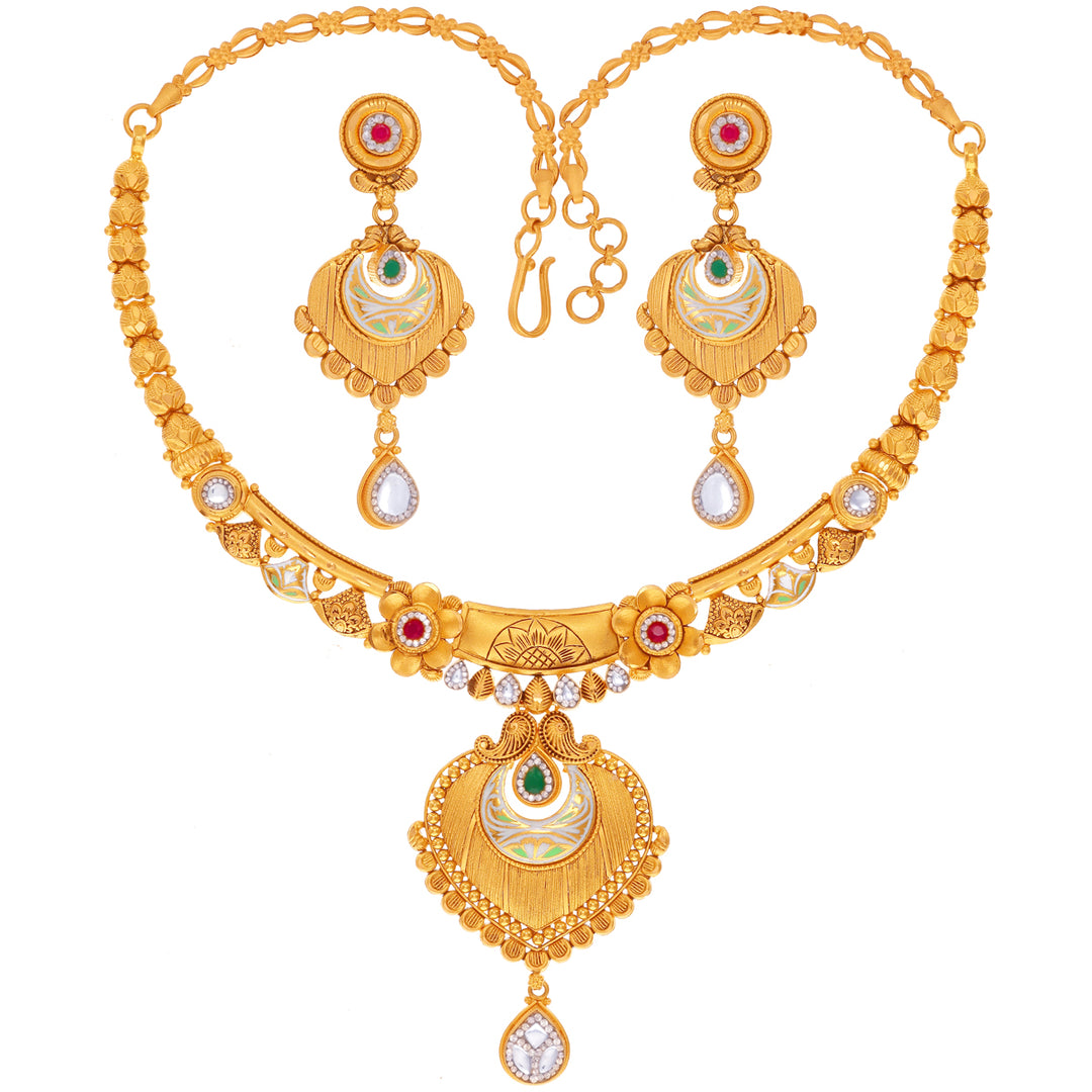 Artistic Minakari Necklace Set With Kundan & Gemstones in 22K Gold
