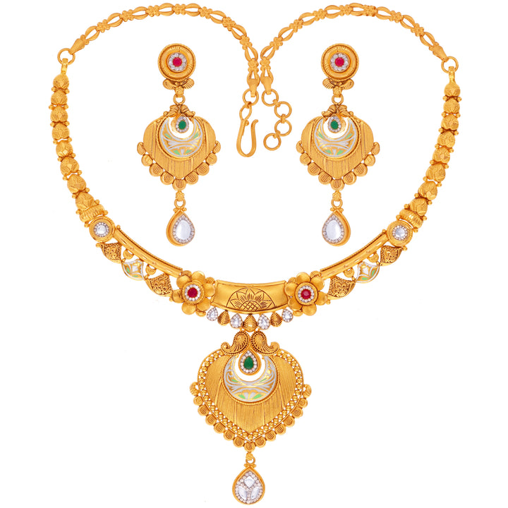 Artistic Minakari Necklace Set With Kundan & Gemstones in 22K Gold