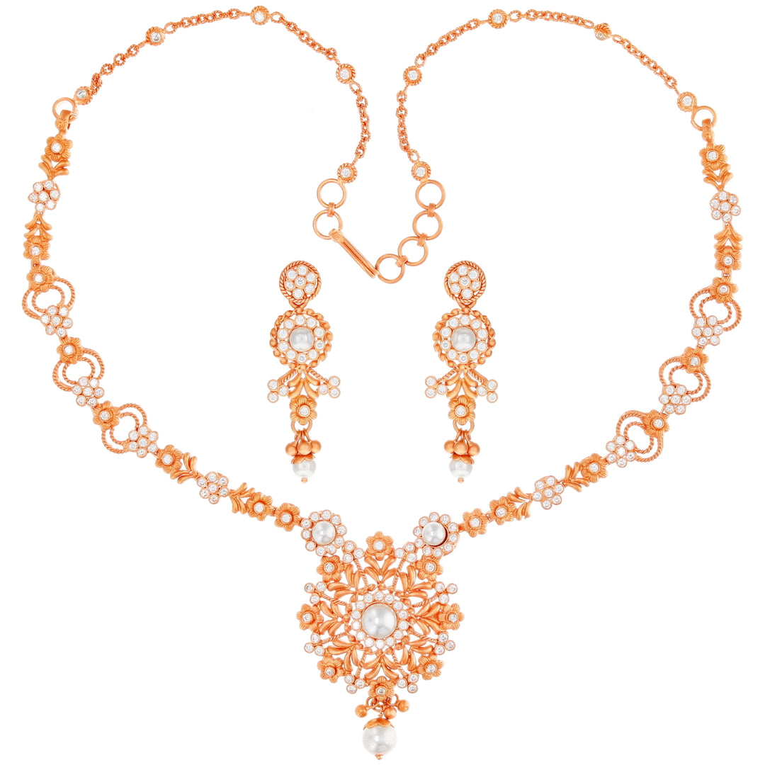 Distinctive Antique Necklace Set with White Polki & Pearl in 22K Rose Gold