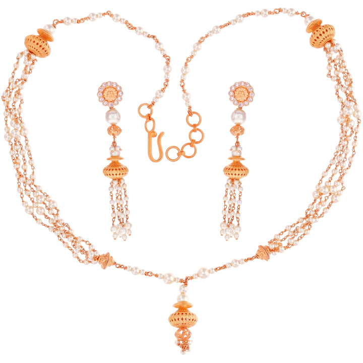 Magnificent Antique Necklace Set with White Polki & Pearl in 22K Rose Gold