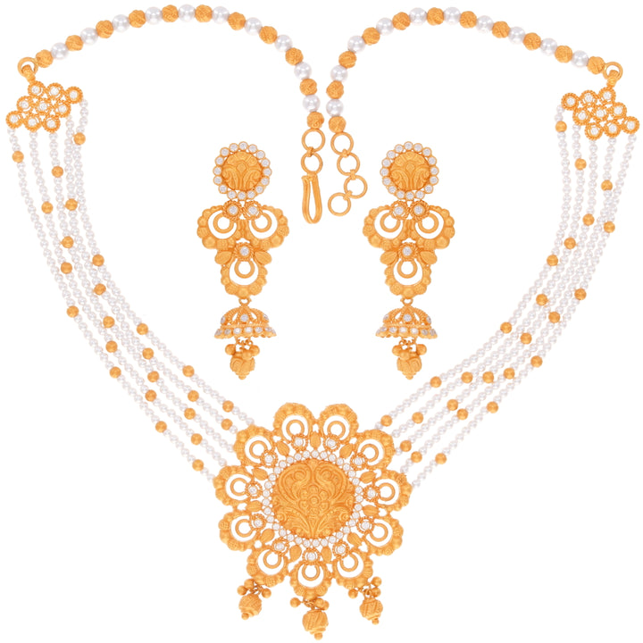 Delightful Antique Necklace Set With White Polki & Pearl in 22K Rose Gold