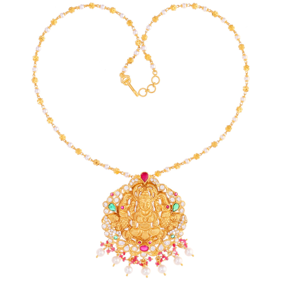 Ornate Laxmi Antique Pendant With Gemstones in 22K Gold