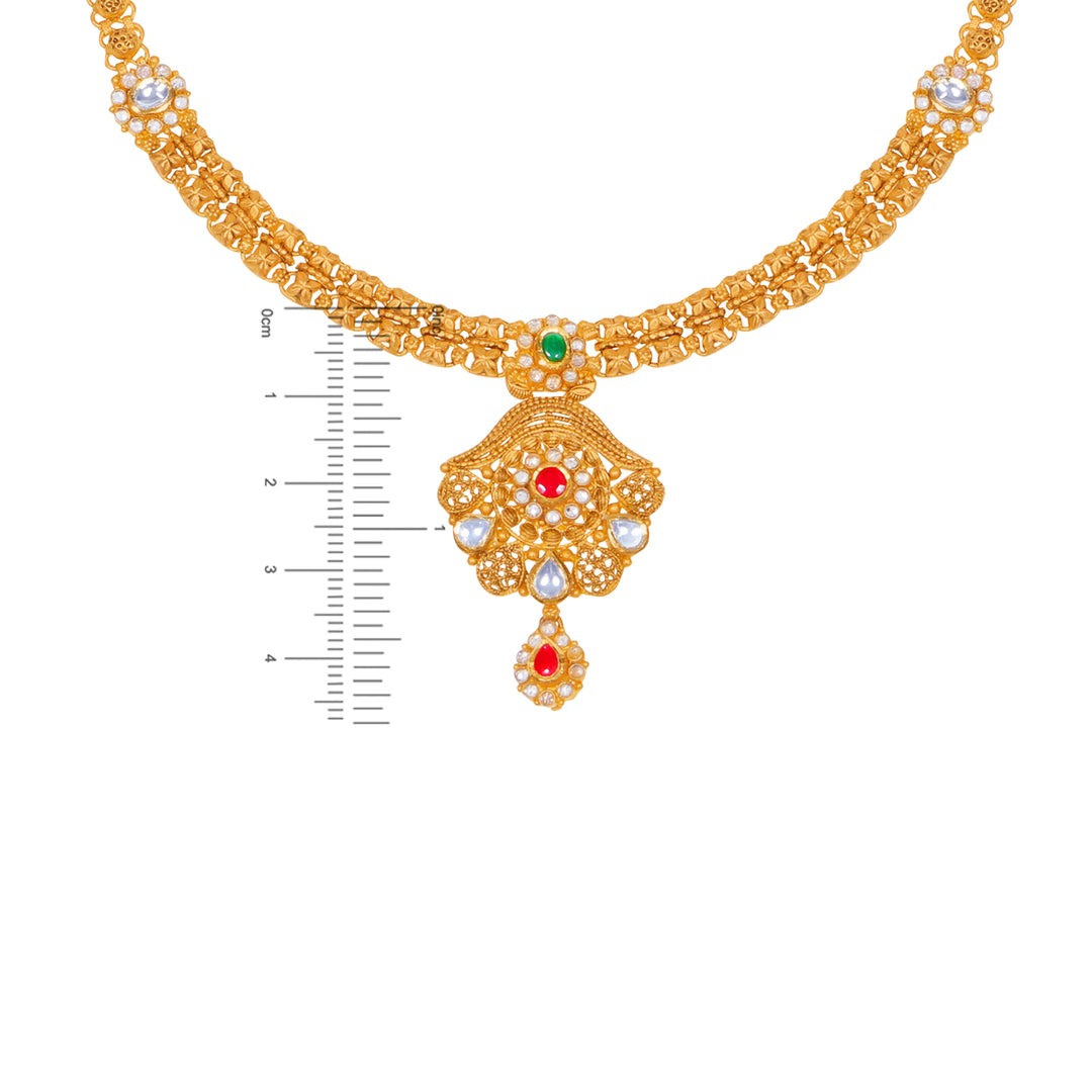 Ornamental Antique Necklace Set With Kundan & Gemstones in 22K Gold