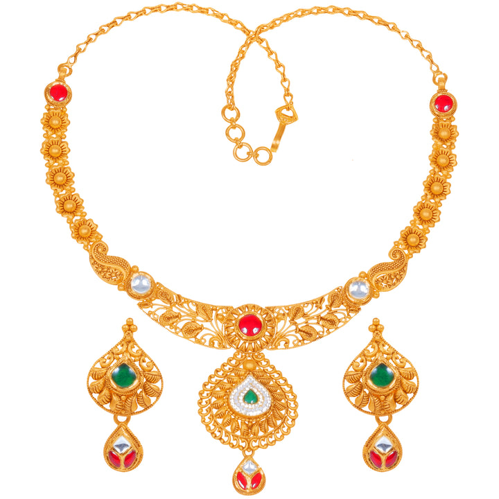 Exquisite Antique Necklace Set With Kundan & Gemstones in 22K Gold