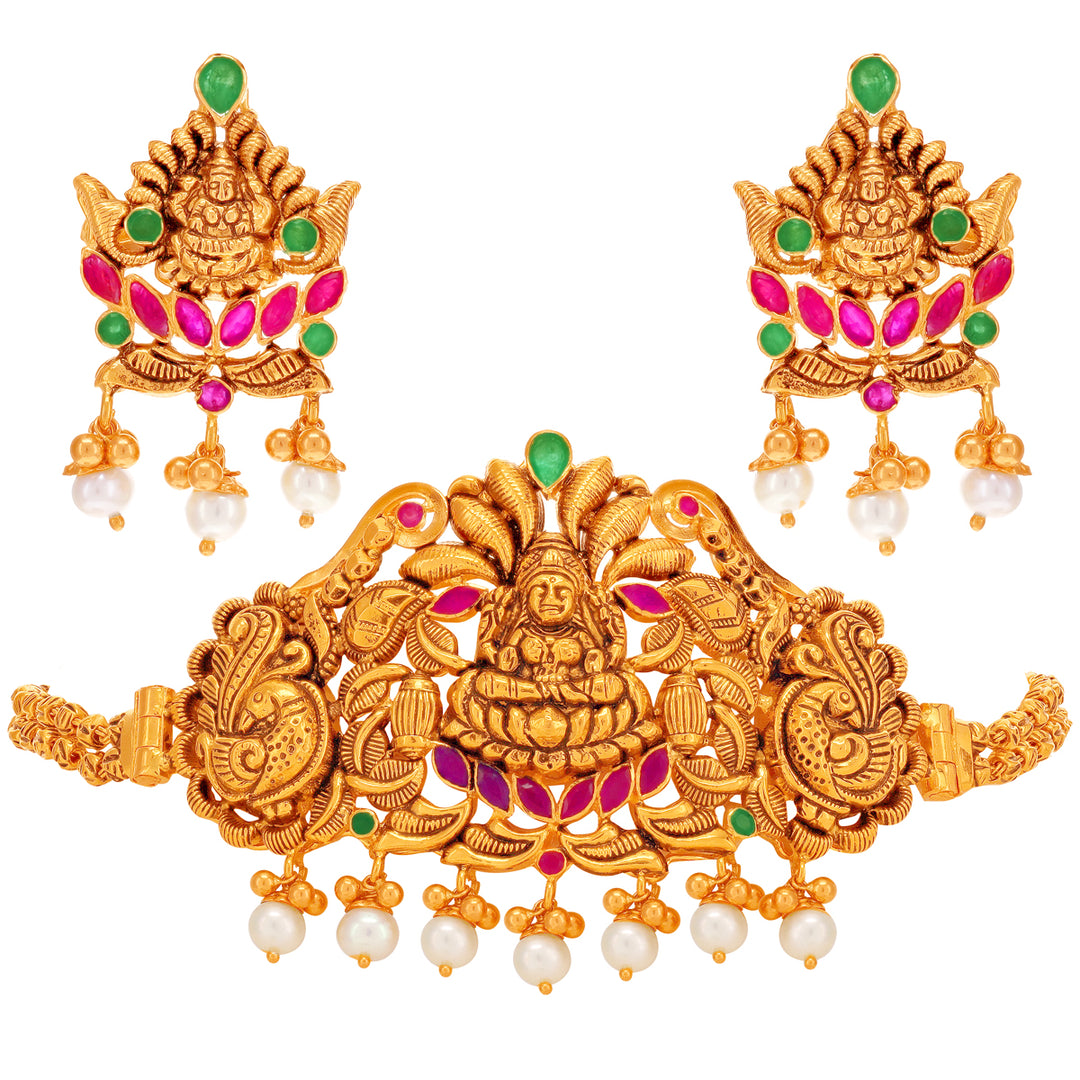 Antique Laxmi Choker Set With Ruby Emerald & Pearl in 22K Gold