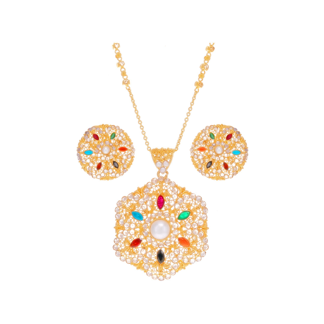 Glamorous Antique Navratan Pendant Set With Polki in 22K Gold