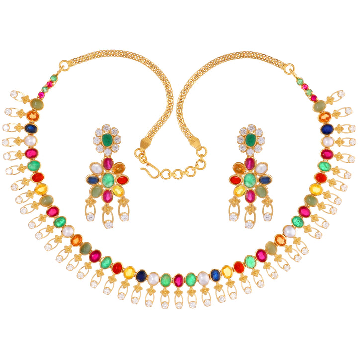 Intricate Antique Navratan Necklace Set With Pearl in 22K Gold