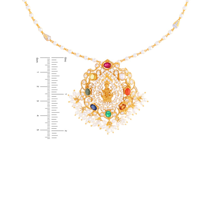Subtle Laxmi Antique Pendant With Navratan in 22K Gold