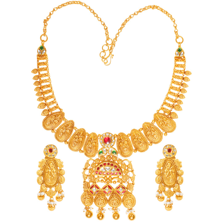 Enchanting Antique Necklace Set With Kundan & Gemstones in 22K Gold