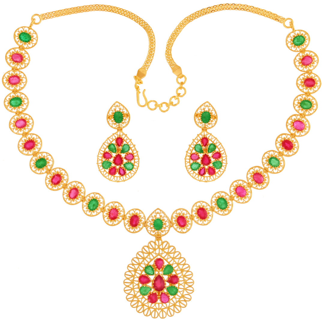 Delightful Antique Necklace Set With Ruby & Emerald in 22K Gold