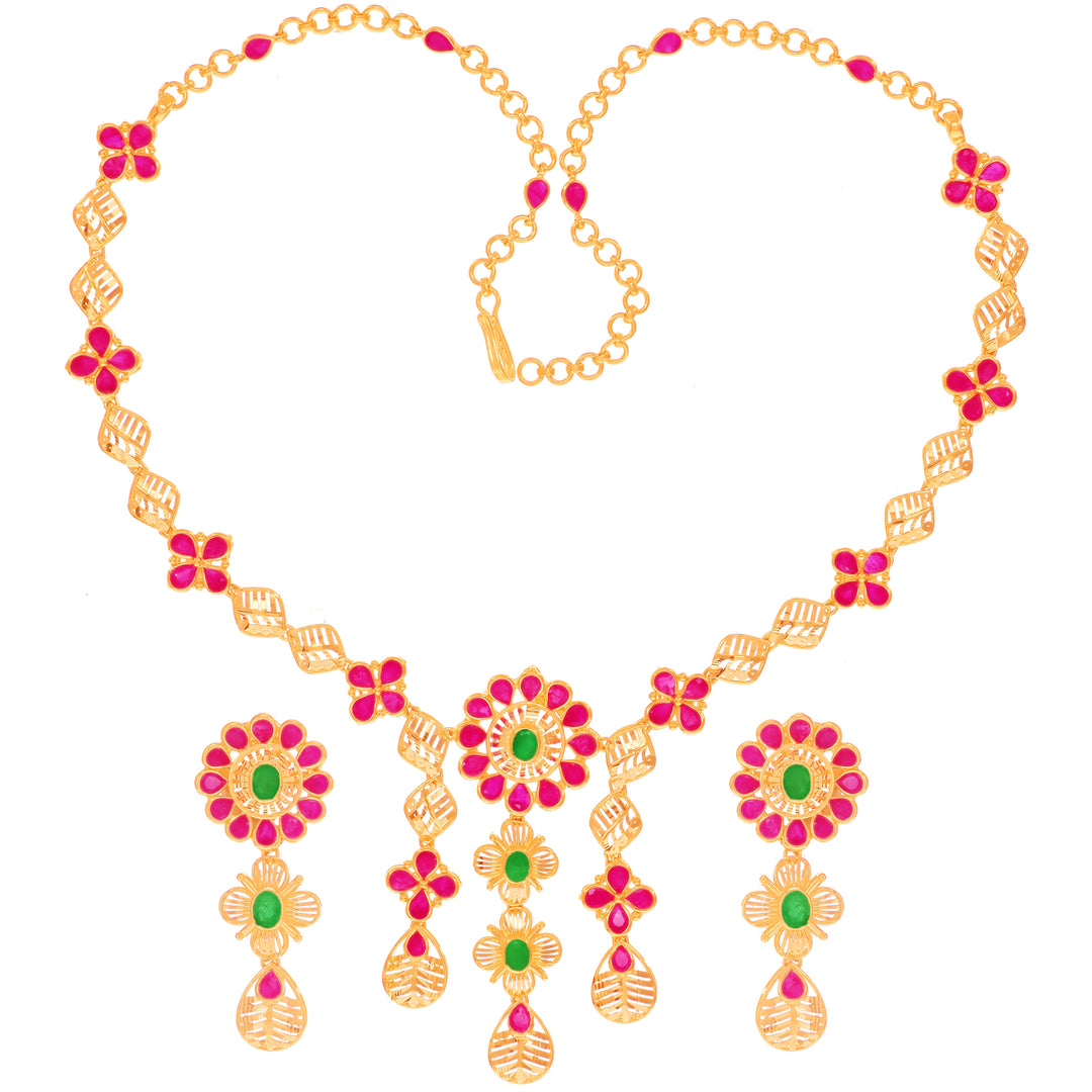 Charming Necklace Set With Ruby & Emerald in 22K Gold