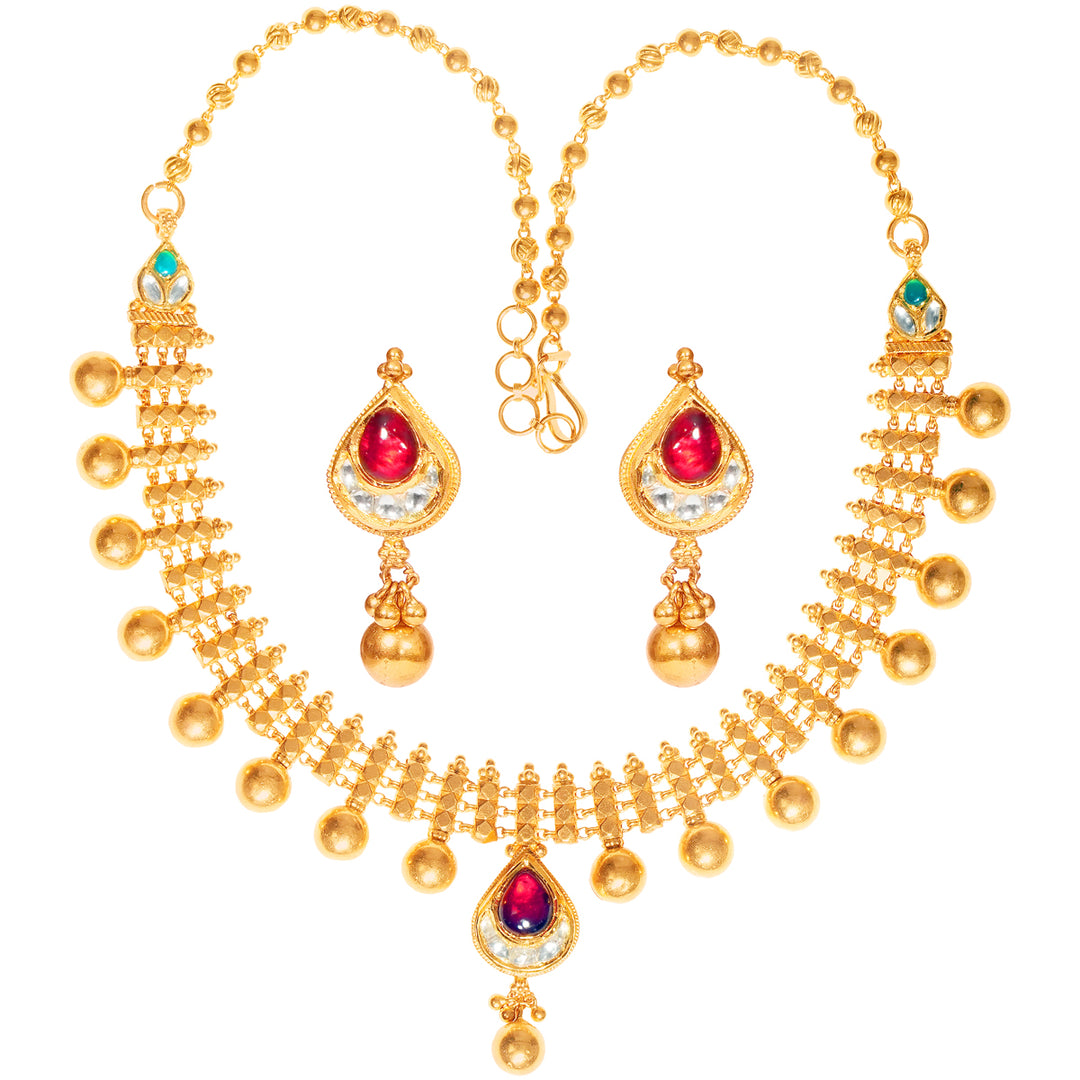 Beautiful Antique Necklace Set With Kundan & Gemstones in 22K Gold