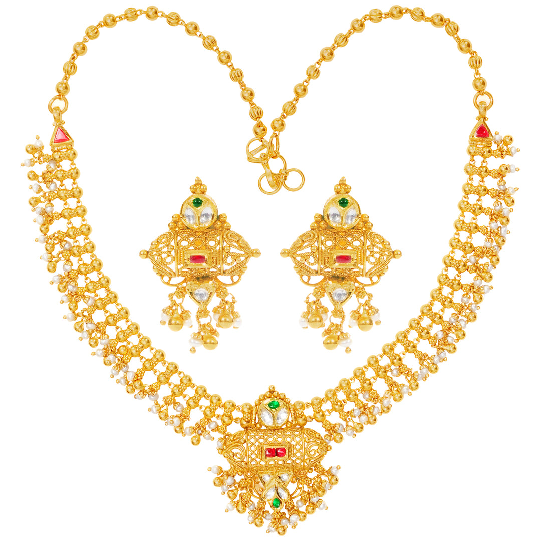 Elegant Antique Necklace Set With Kundan & Gemstones in 22K Gold