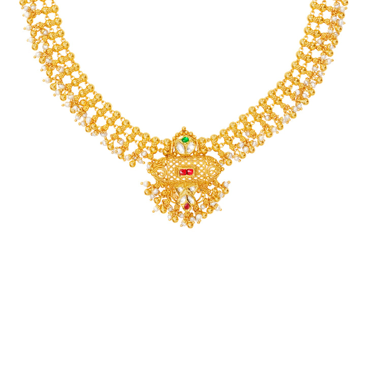 Elegant Antique Necklace Set With Kundan & Gemstones in 22K Gold