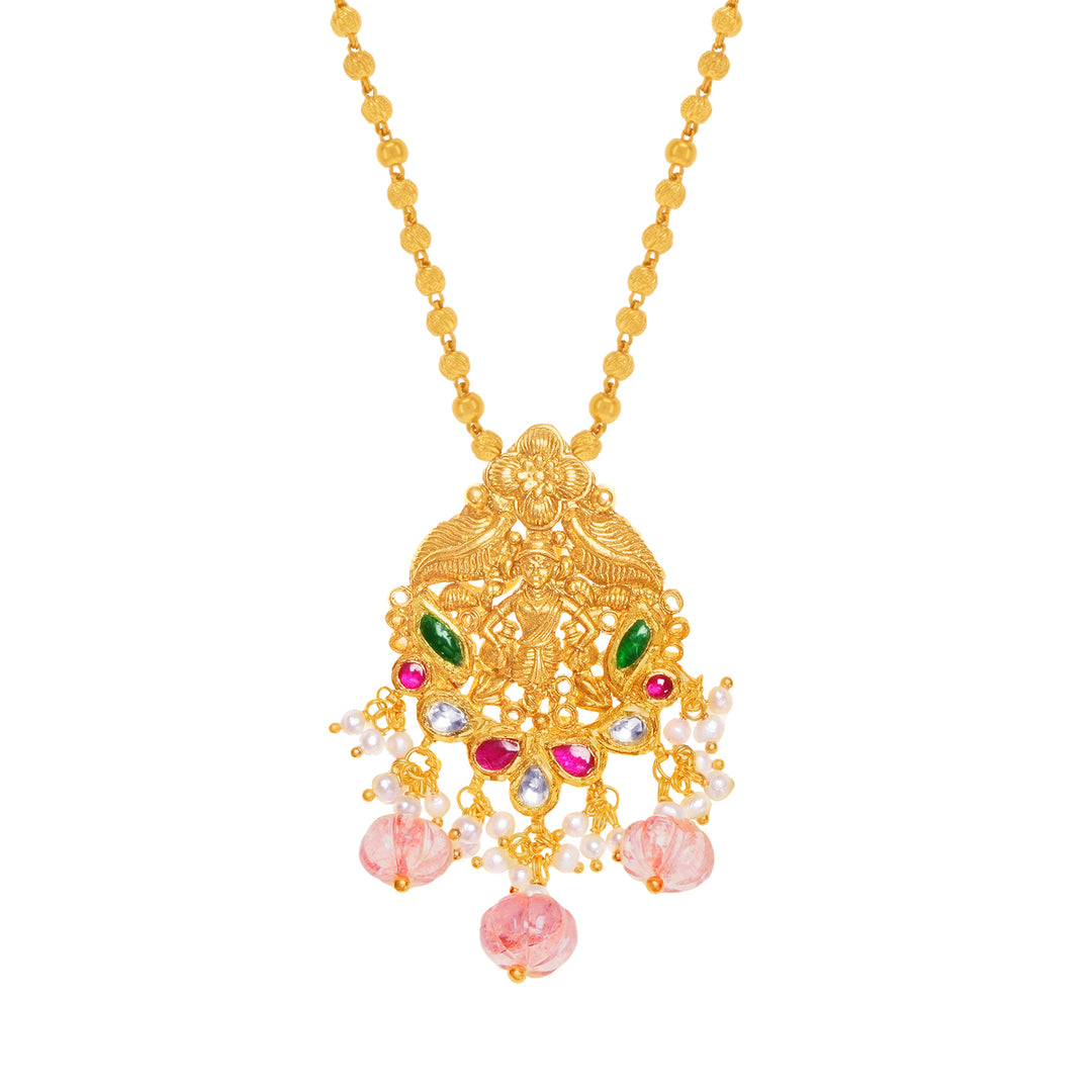 Delightful Antique Temple Necklace With Kundan & Gemstones in 22K Gold