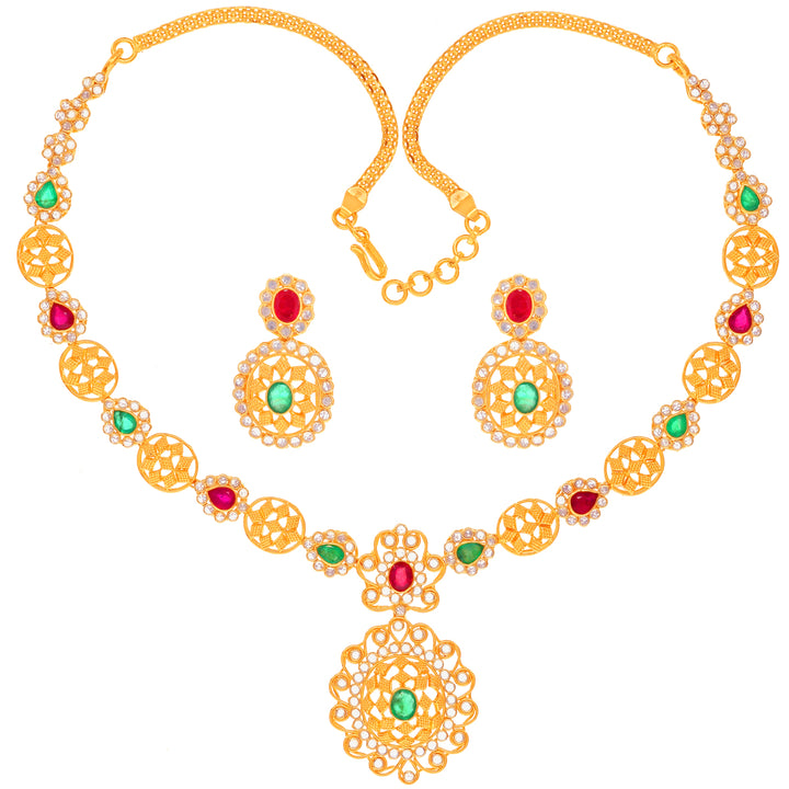 Artistic Antique Necklace Set With Ruby & Emerald in 22K Gold