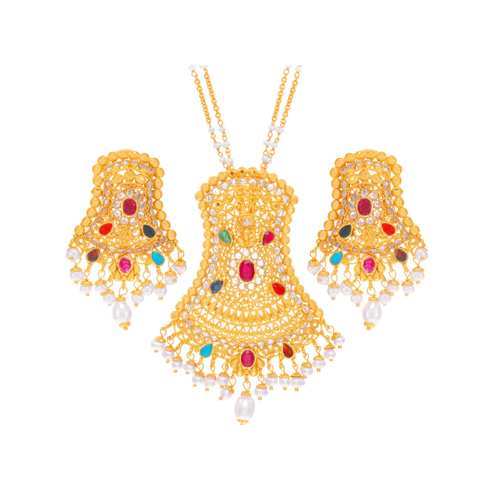 Gorgeous Antique Necklace Set With Navratan in 22K Gold