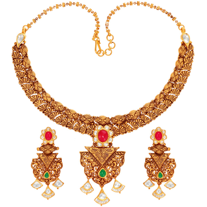 Detailed Antique Necklace Set With Kundan & Gemstones in 22K Gold
